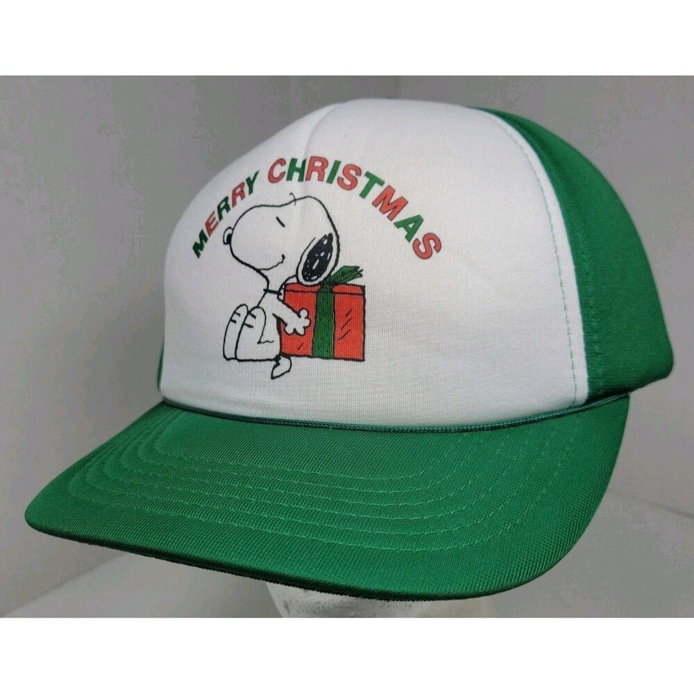 Vintage PEANUTS Trucker Hat Green Snoopy Merry Christmas Snapback One Size Foam